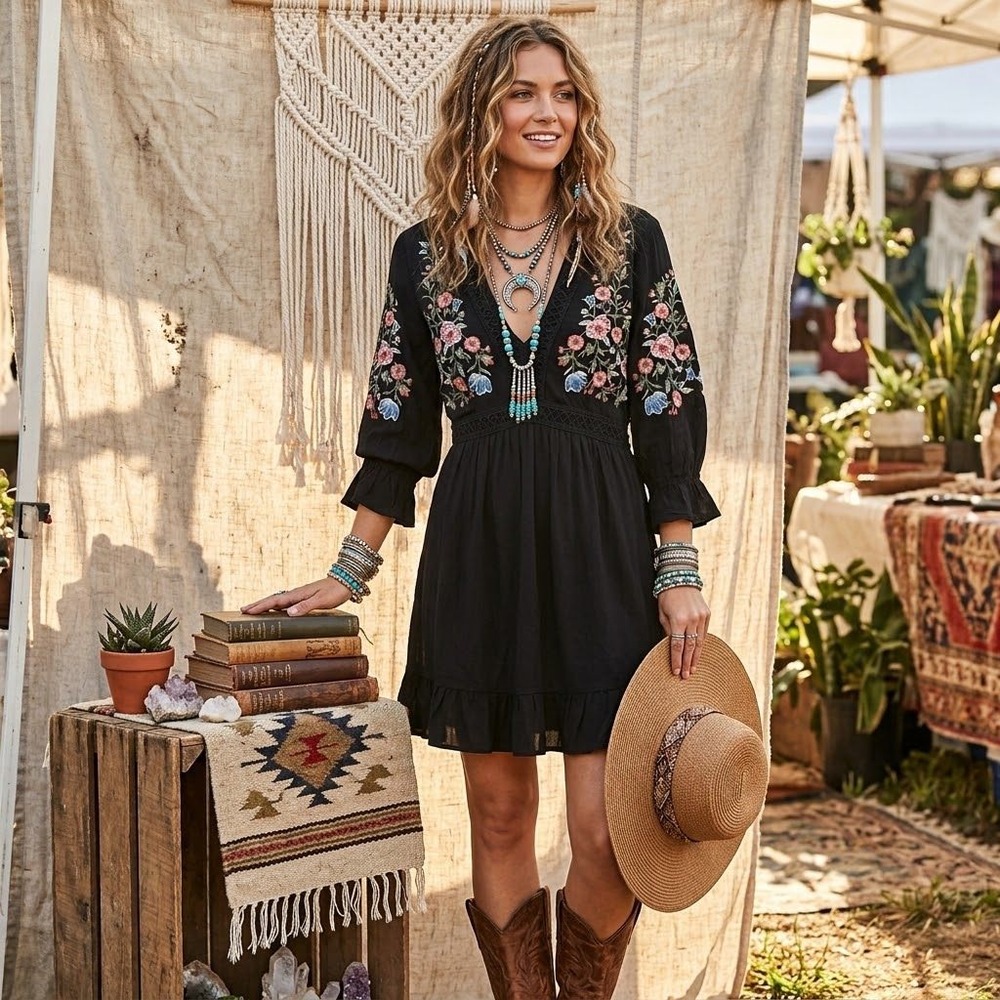 Mi Ami Boho Dark Whimsy Black Floral Embroidered Babydoll Mini Dress Sz S